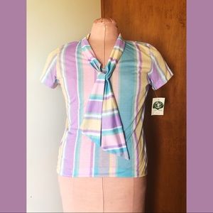 Retro Pastel Striped Tie Collar Top New With Tag